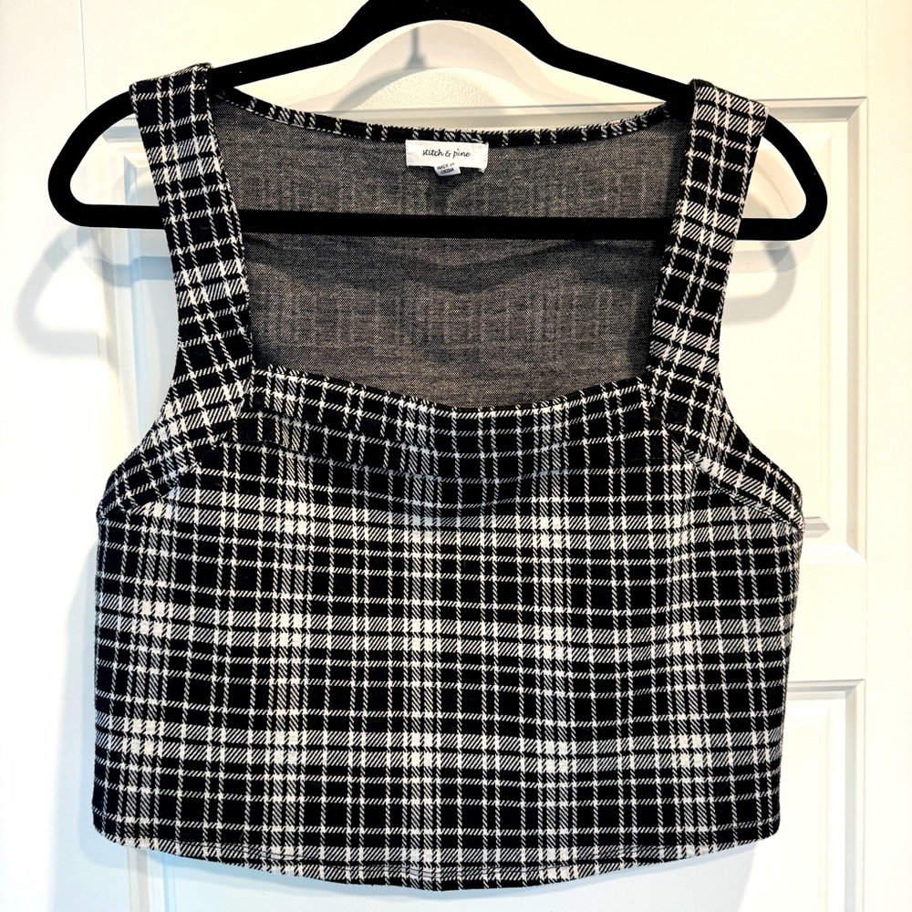 Stitch & Pine Black White Plaid Crop Top‎ Womens XL Thick Jacquard Classic Knit